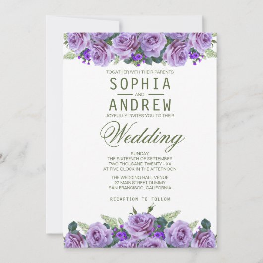 Paarse Waterverf Floral Elegant Wedding Kaart (Voorkant)