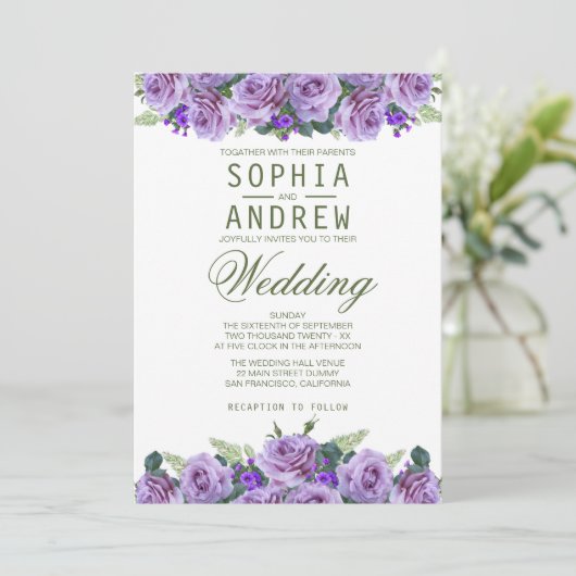 Paarse Waterverf Floral Elegant Wedding Kaart (Staand voorkant)