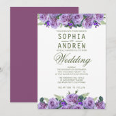 Paarse Waterverf Floral Elegant Wedding Kaart (Voorkant / Achterkant)