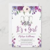 Paarse Waterverf Floral Elephant Girl Baby shower Kaart (Voorkant)