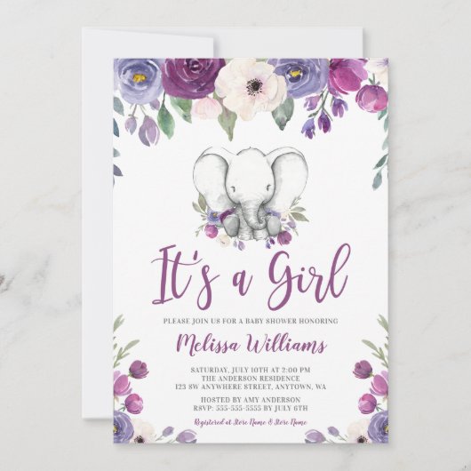 Paarse Waterverf Floral Elephant Girl Baby shower Kaart (Voorkant)