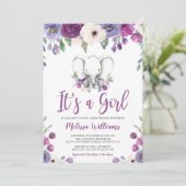 Paarse Waterverf Floral Elephant Girl Baby shower Kaart (Staand voorkant)