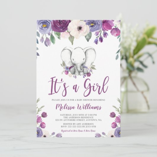 Paarse Waterverf Floral Elephant Girl Baby shower Kaart (Staand voorkant)