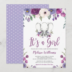 Paarse Waterverf Floral Elephant Girl Baby shower Kaart