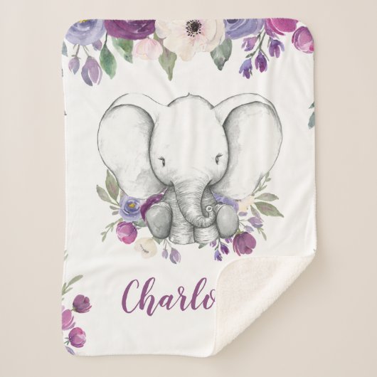 Paarse Waterverf Floral Elephant op maat Sherpa Deken (Voorkant)