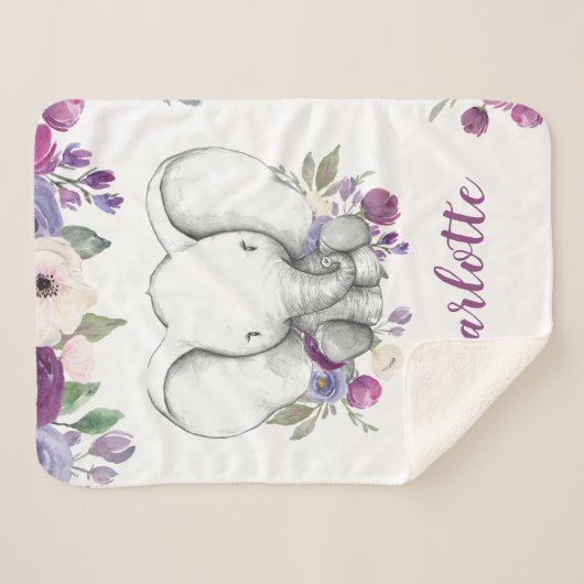 Paarse Waterverf Floral Elephant op maat Sherpa Deken (Voorkant (horizontaal))