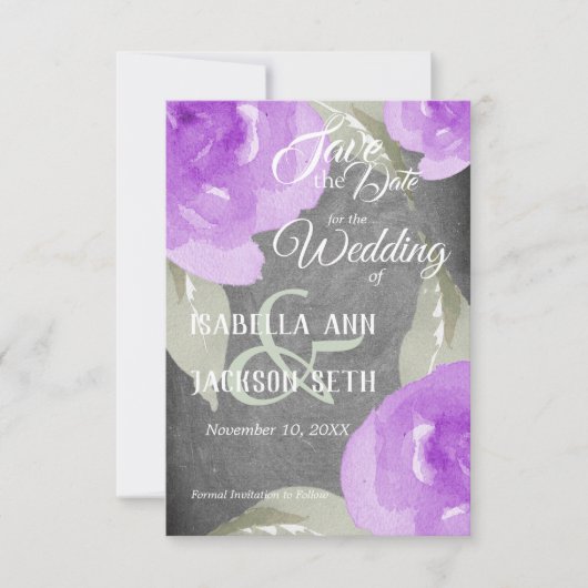 Paarse Waterverf Floral en Chalkboard Save The Date (Voorkant)