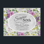 Paarse Waterverf Floral en Leaves 50th Birthday Briefkaart<br><div class="desc">Botanische verrassing 50e verjaardagsfeestuitnodiging met een paarse waterverf florale en groene vining bladeren design op een lichtgrijze achtergrond.</div>