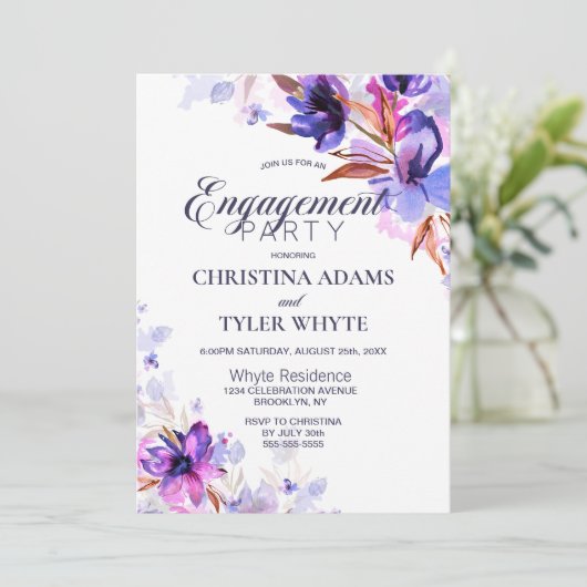 Paarse Waterverf Floral Engagement Party Kaart (Staand voorkant)