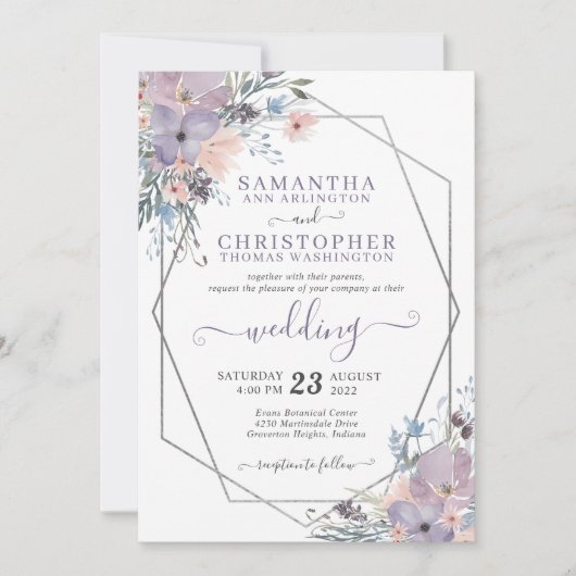 Paarse Waterverf Floral Geometric Wedding Kaart (Voorkant)