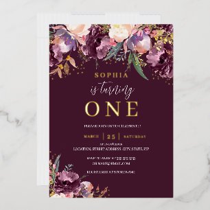Paarse Waterverf "Floral Girl 1e verjaardag" Folie Uitnodiging