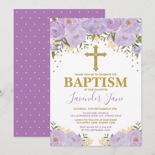 Paarse Waterverf Floral Girl Baptisme Kaart (Voorkant / Achterkant)