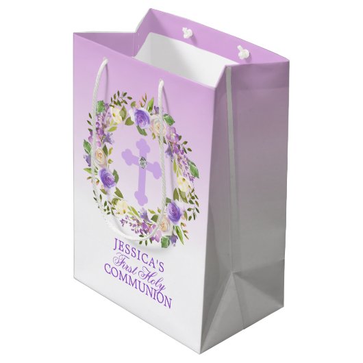 Paarse Waterverf Floral Girl Eerste Heilige Commun Medium Cadeauzakje (Achterkant Gekanteld)
