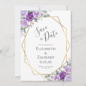 Paarse Waterverf Floral Gold Lijst Save the Date (Voorkant)