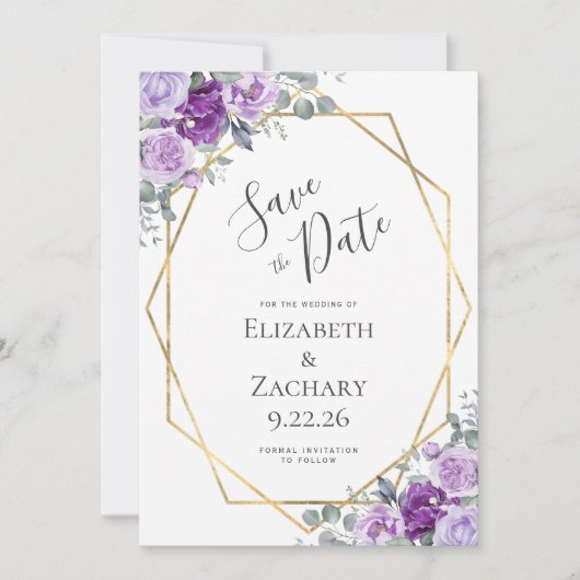 Paarse Waterverf Floral Gold Lijst Save the Date (Voorkant)