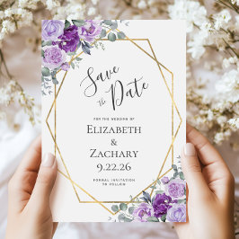 Paarse Waterverf Floral Gold Lijst Save the Date