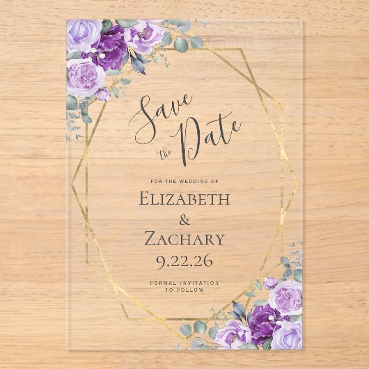 Paarse Waterverf Floral Gold Lijst Save the Date Acryl Uitnodigingen (Voorkant)