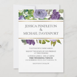 Paarse Waterverf Floral Green Vines Gold Wedding Kaart