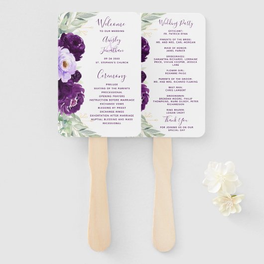 Paarse Waterverf Floral Greenery Wedding Programma Handwaaier (Voorkant en achterkant)
