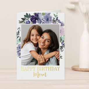 Paarse Waterverf Floral Happy Birthday Mam Foto Folie Wenskaart