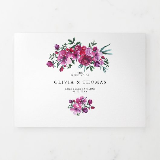 Paarse Waterverf Floral Heart Bouquet Wedding Drieluik Uitnodiging (Cover)