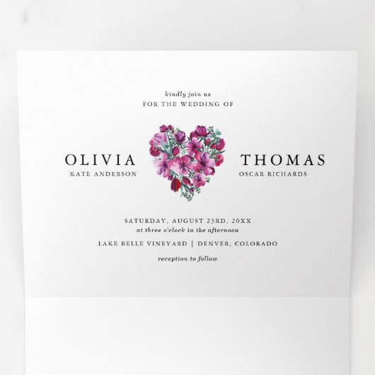 Paarse Waterverf Floral Heart Bouquet Wedding Drieluik Uitnodiging (Binnenzijde eerst)