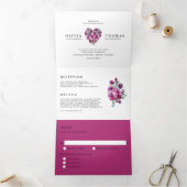 Paarse Waterverf Floral Heart Bouquet Wedding Drieluik Uitnodiging (Binnen)