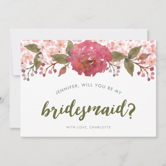 Paarse Waterverf Floral, je wordt mijn bruidsmeisj Kaart (Voorkant)