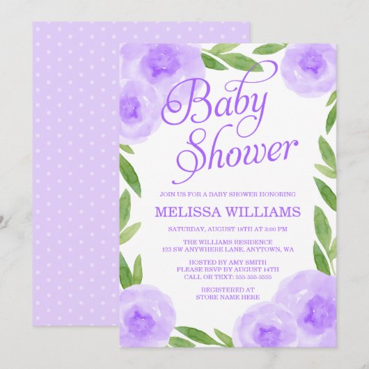 Paarse Waterverf Floral Leaf Meisje Baby shower Kaart (Voorkant / Achterkant)