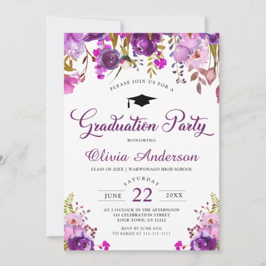 Paarse Waterverf Floral Modern Graduation Party Kaart (Voorkant)