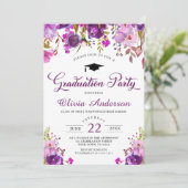 Paarse Waterverf Floral Modern Graduation Party Kaart (Staand voorkant)