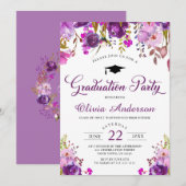 Paarse Waterverf Floral Modern Graduation Party Kaart (Voorkant / Achterkant)
