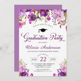 Paarse Waterverf Floral Modern Graduation Party Kaart