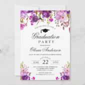 Paarse Waterverf Floral Modern Graduation Party Kaart (Voorkant)