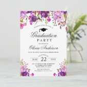 Paarse Waterverf Floral Modern Graduation Party Kaart (Staand voorkant)