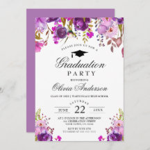 Paarse Waterverf Floral Modern Graduation Party
