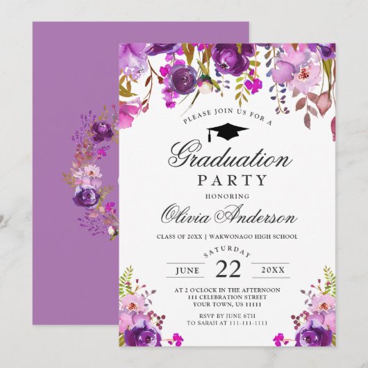 Paarse Waterverf Floral Modern Graduation Party Kaart (Voorkant / Achterkant)