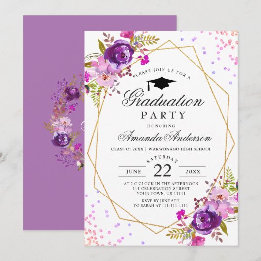 Paarse Waterverf Floral Modern Graduation Party Kaart (Voorkant / Achterkant)
