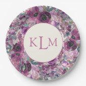 Paarse Waterverf Floral Monogram Papieren Bordje (Voorkant)