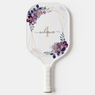 Paarse Waterverf Floral Monogram Script Name Pickleball Paddle