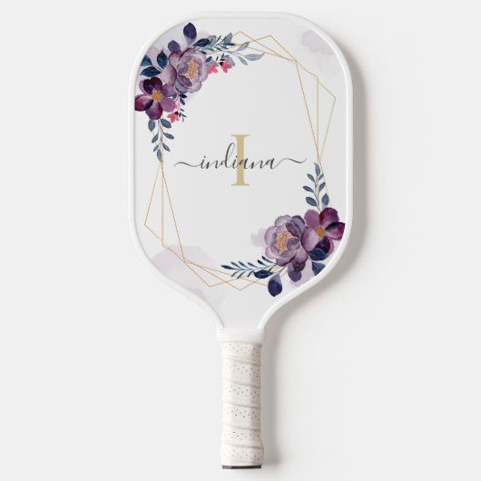 Paarse Waterverf Floral Monogram Script Name Pickleball Paddle (Voorkant)