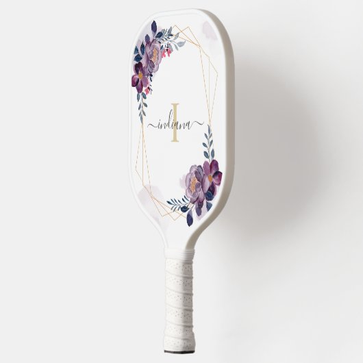 Paarse Waterverf Floral Monogram Script Name Pickleball Paddle (Links)