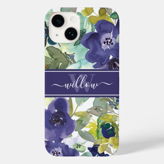 Paarse Waterverf Floral Name Monogram Case-Mate iPhone Case (Achterkant)