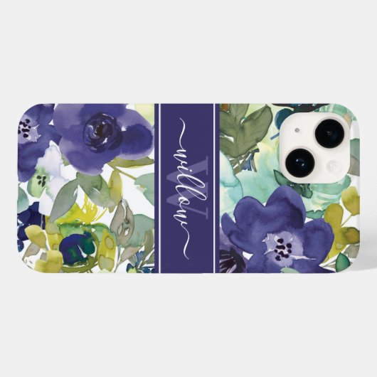 Paarse Waterverf Floral Name Monogram Case-Mate iPhone Case (Achterkant (horizontaal))