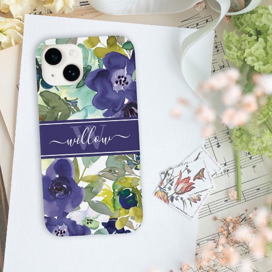 Paarse Waterverf Floral Name Monogram Case-Mate iPhone Case