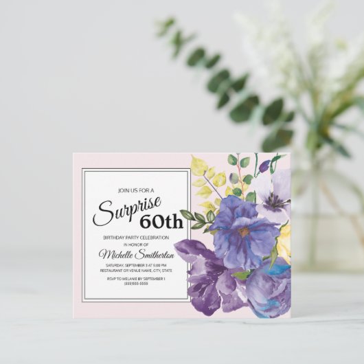 Paarse Waterverf Floral op de 60ste verjaardag van Briefkaart (Staand voorkant)