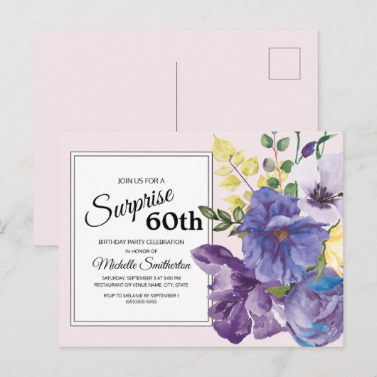 Paarse Waterverf Floral op de 60ste verjaardag van Briefkaart (Voorkant / Achterkant)