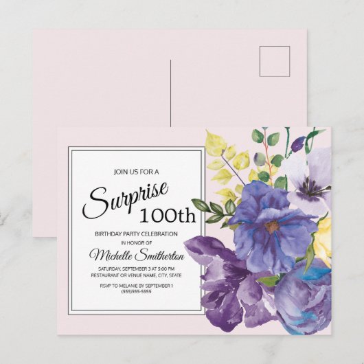 Paarse Waterverf Floral op roze 100e verjaardag Briefkaart (Voorkant / Achterkant)