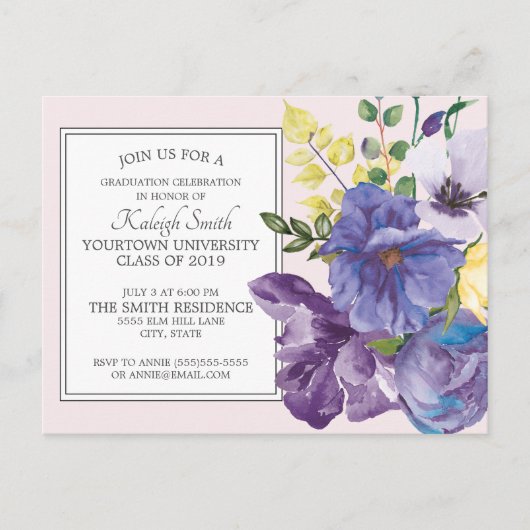 Paarse Waterverf Floral over de roze graduatiepart Briefkaart (Voorkant)