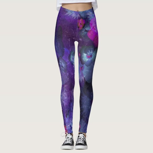 Paarse Waterverf Floral Pattern Leggings (Voorkant)